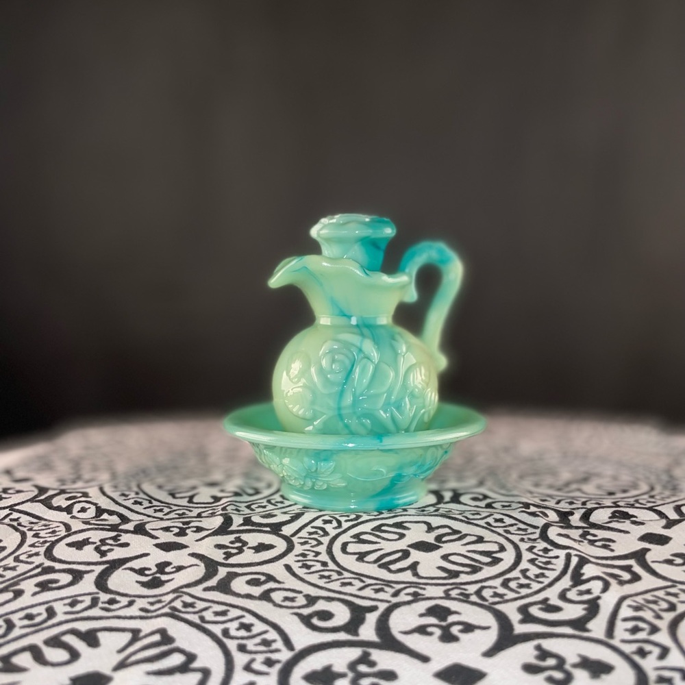 Vintage Avon Decanter Bottle Pitcher Bowl & Stopper Turquoise Swirl Glass